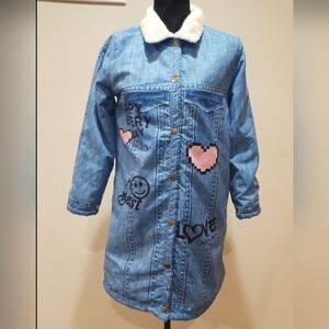 SHEIN Light Blue Denim Jacket with Pink Heart Patches